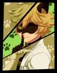  1boy adrien_agreste animal_ears black_border blonde_hair border cat_ears ceejles chat_noir domino_mask dual_persona fake_animal_ears finger_to_mouth green_sclera highres jewelry male_focus mask miraculous_ladybug one_eye_closed paw_background ring signature smile solo upper_body yellow_eyes 