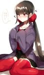  1girl :t bangs black_hair black_skirt dangan_ronpa ear_blush earrings embarrassed eyebrows_visible_through_hair female harukawa_maki japanese jewelry long_hair long_sleeves mole new_dangan_ronpa_v3 pleated_skirt purple_coat red_eyes red_legwear school_uniform shiny shiny_hair sidelocks simple_background sitting skirt sleeves_past_wrists solo suurin_(ksyaro) sweat sweatdrop thigh-highs thinking translation_request twintails very_long_hair white_background zettai_ryouiki 