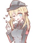  1girl blonde_hair blue_eyes blush breasts eyebrows_visible_through_hair gloves grey_hat hat highres index_finger_raised kantai_collection kvlen large_breasts long_sleeves looking_at_viewer medium_hair one_eye_closed open_mouth prinz_eugen_(kantai_collection) smile solo white_gloves 
