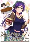  &gt;:) 0_0 3girls :&lt; apron ayase_eli bangs black_hair blonde_hair blush_stickers bowl commentary_request elbows_on_table floral_print glint glowing green_eyes head_scarf highres holding holding_bowl kami_nomi_zo_shiru_sekai ladle long_hair long_sleeves looking_at_viewer love_live! love_live!_school_idol_project multiple_girls neck_ribbon parody pink_scrunchie ponytail print_skirt purple_hair red_eyes ribbon scrunchie shishamo_(scholacco) skirt smile sweater table toujou_nozomi twintails yazawa_nico 
