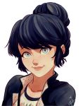  1girl alternate_hairstyle black_hair blue_eyes ceejles collarbone freckles hair_bun highres marinette_dupain-cheng miraculous_ladybug pink_lips signature smile solo upper_body 