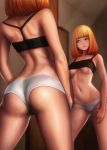  1girl ass bangs black_tank_top blunt_bangs breasts brown_eyes butt_crack closed_mouth highres indoors jungon_kim light_frown long_hair looking_to_the_side medium_breasts midorikawa_hana mirror navel orange_hair panties photo_reference prison_school reflection solo standing tank_top under_boob underwear underwear_only white_panties 