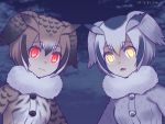  2girls animal_ears blush brown_eyes brown_hair buttons coat commentary_request eurasian_eagle_owl_(kemono_friends) eyebrows_visible_through_hair fur_collar fur_trim grey_hair hair_between_eyes head_wings kemono_friends kurarin long_sleeves looking_at_viewer multicolored_hair multiple_girls northern_white-faced_owl_(kemono_friends) open_mouth short_hair white_hair wings 
