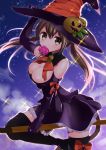  1girl breasts candy cleavage food halloween hat highres omucchan_(omutyuan) pumpkin sky star_(sky) starry_sky tail twintails witch_hat 
