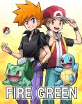  2boys adjusting_clothes adjusting_hat baseball_cap brown_eyes brown_hair bulbasaur cover cover_page hand_in_pocket hat highres jewelry male_focus multiple_boys necklace official_style ookido_green ookido_green_(frlg) orange_eyes orange_hair poke_ball pokemoa pokemon pokemon_(creature) pokemon_(game) pokemon_frlg red_(pokemon) red_(pokemon)_(remake) smile spiky_hair squirtle tossing wristband 