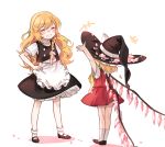  2girls apron black_shoes black_skirt blonde_hair blush bow braid closed_eyes flandre_scarlet hair_bow hat highres kirisame_marisa long_hair multiple_girls red_skirt shoes short_sleeves side_braid simple_background skirt skirt_set smile socks teeth tis_(shan0x0shan) touhou vest white_background white_bow white_legwear wings witch_hat 