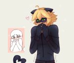  1boy adrien_agreste animal_ears blonde_hair bodysuit cat_ears chat_noir fake_animal_ears green_eyes hands_over_mouth heart heart_tail male_focus miraculous_ladybug signature smile solo sweet-childhood-dreams tail 