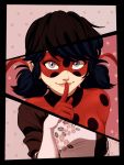  1girl black_border black_hair blue_eyes bodysuit border ceejles domino_mask dual_persona finger_to_mouth hair_ribbon highres ladybug_(character) lips marinette_dupain-cheng mask miraculous_ladybug polka_dot polka_dot_background ribbon signature smile solo twintails upper_body 