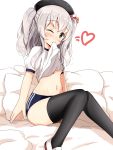  1girl aikawa_ryou bad_anatomy bad_hands bed_sheet beret black_legwear blush buruma grey_eyes hat heart highres kantai_collection kashima_(kantai_collection) long_hair mouth_hold short_sleeves silver_hair simple_background solo thigh-highs two_side_up white_background 