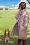  1girl absurdres airport animal blurry boots cigarette clouds condensation_trail dappled_sunlight depth_of_field dog grass grey_eyes hand_in_pocket hanger highres knee_boots necktie original outdoors profile shade short_hair sketch skirt sky smoking solo sunlight tomiya_(tomiya2117) trench_coat vest wind 