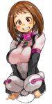  1girl blush bodysuit boku_no_hero_academia breasts brown_hair looking_at_viewer medium_breasts red_eyes sachito short_hair simple_background skin_tight smile solo teeth uraraka_ochako white_background 