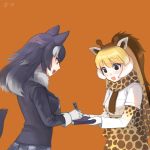  2girls :d animal_ears belt black_eyes black_hair black_jacket blazer blonde_hair blush book breast_pocket breasts brown_belt brown_hair brown_necktie collar comic cuffs episode_number eyebrows eyebrows_visible_through_hair eyelashes fan fang fur_collar giraffe_ears giraffe_horns giraffe_print gloves grey_wolf_(kemono_friends) holding holding_book holding_pen jacket kemono_friends kumo955 large_breasts long_hair long_sleeves looking_down medium_breasts multicolored_hair multiple_girls necktie open_mouth orange_background pen plaid plaid_necktie plaid_skirt pleated_skirt pocket profile reticulated_giraffe_(kemono_friends) scarf shirt short_over_long_sleeves simple_background skirt smile tail tsurime two-tone_hair upper_body white_gloves white_hair white_shirt wolf_ears wolf_tail writing yellow_eyes 