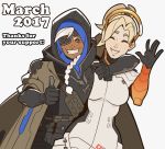  2girls ana_(overwatch) black_hair closed_eyes dark_skin english eyepatch facial_tattoo high_ponytail highres hood looking_at_viewer mechanical_halo mechanical_wings mercy_(overwatch) multiple_girls overwatch smile splashbrush spread_wings tattoo wings yellow_wings 