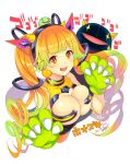  1girl black_hairband blonde_hair breasts character_name city_forest_online claws dated doll earrings flower_knight_girl gloves gradient_hair green_gloves green_hair hairband heart heart_earrings hoozuki_(flower_knight_girl) jewelry large_breasts long_hair looking_at_viewer multicolored_hair open_mouth orange_eyes orange_hair paw_pose shiny shiny_skin signature skindentation smile snake solo twintails upper_body white_background 