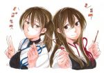  2girls akagi_(kantai_collection) artist_name blush brown_eyes brown_hair closed_mouth commentary_request food hair_between_eyes hauza0324 japanese_clothes kaga_(kantai_collection) kantai_collection long_hair looking_at_viewer monochrome multiple_girls muneate pocky side_ponytail simple_background smile straight_hair tasuki traditional_media translated v white_background 