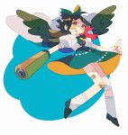  1girl artist_request bandaid bandaid_on_knee bandaid_on_leg black_hair black_wings bow cape hair_bow hair_ornament handcannon highres knee_brace long_hair puffy_short_sleeves puffy_sleeves reiuji_utsuho short_sleeves simple_background skirt socks solo touhou wings 