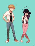  ? adrien_agreste black_hair blonde_hair blush ceejles clueless converse denim fingers_together flats green_eyes hair_tie hands_on_hips heart highres jeans knees_together_feet_apart marinette_dupain-cheng miraculous_ladybug pants shoes signature smile sneakers twintails 