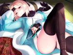  1girl ahoge black_legwear black_panties black_scarf blanket blonde_hair blush bow commentary_request fate_(series) futon hair_bow japanese_clothes kimono knee_up koha-ace lying nanashino_kanon on_back panties pantyshot pantyshot_(lying) parted_lips sakura_saber sash scarf shinsengumi short_hair short_kimono solo sunlight tatami thigh-highs thighs underwear wide_sleeves yellow_eyes 