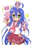  4girls :3 ^_^ absurdres ahoge black_legwear blue_eyes blue_hair closed_eyes glasses green_eyes happy highres hiiragi_kagami hiiragi_tsukasa izumi_konata long_hair lucky_star mole mole_under_eye multiple_girls pantyhose pink_hair purple_hair ribbon school_uniform short_hair simple_background smile star takara_miyuki white_background 