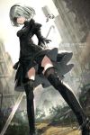  1girl black_dress black_hairband black_legwear blindfold blurry boots cleavage_cutout covered_eyes depth_of_field dress dutch_angle hairband high_heel_boots high_heels holding holding_sword holding_weapon juliet_sleeves long_sleeves mole mole_under_mouth nier_(series) nier_automata parted_lips puffy_sleeves ribbed_dress rin_yuu silver_hair standing sword thigh-highs thigh_boots thighhighs_under_boots vambraces weapon yorha_no._2_type_b 