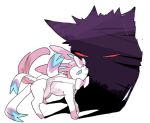  blue_eyes bow from_side full_body gengar ghost jkwaipa0926 looking_at_another no_humans no_pupils pokemon pokemon_(creature) red_sclera shadow simple_background smile sylveon tail white_background yellow_eyes 