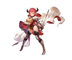  1girl animal_ears animal_print armor armored_boots belt bikini_top boots breasts cape cleavage doraf earrings full_body gauntlets gloves granblue_fantasy holding holding_weapon hood hood_down horns jewelry knee_boots large_breasts leopard_print leotard looking_at_viewer minaba_hideo official_art pink_hair red_eyes strum_(granblue_fantasy) sword transparent_background weapon 