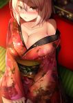  1girl bare_shoulders blonde_hair blush breasts brown_eyes cleavage collarbone fate_(series) highres japanese_clothes kimono koha-ace large_breasts lips looking_at_viewer mia_(gute-nacht-07) revision sakura_saber short_hair solo tears 