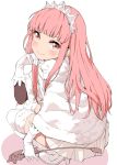  1girl bangs blunt_bangs blush capelet closed_mouth fate/grand_order fate_(series) from_side full_body fur-trimmed_legwear fur_trim gloves long_hair looking_at_viewer mamedenkyuu_(berun) medb_(fate/grand_order) over-kneehighs pink_eyes pink_hair pleated_skirt riding_crop sidelocks simple_background skirt smile solo squatting thigh-highs tiara white_background white_gloves white_legwear white_skirt 