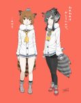  2girls black_eyes black_hair black_legwear brown_eyes brown_hair commentary_request dress eurasian_eagle_owl_(kemono_friends) fur_collar hat highres kantai_collection kemono_friends minazuki_tsuyuha multiple_girls neckerchief northern_white-faced_owl_(kemono_friends) pantyhose red_background sailor_collar sailor_dress short_hair short_hair_with_long_locks sidelocks simple_background tagme tokitsukaze_(kantai_collection) translation_request yellow_neckerchief yukikaze_(kantai_collection) 