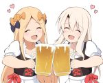  2girls :d ^_^ abigail_williams_(fate/grand_order) alcohol bangs beer beer_mug black_bow blonde_hair blush bow closed_eyes collarbone commentary_request dirndl eyebrows_visible_through_hair facing_viewer fate/grand_order fate_(series) foam german_clothes hair_between_eyes hair_bow heart highres holding_mug illyasviel_von_einzbern mitiru_ccc2 multiple_girls open_mouth orange_bow parted_bangs puffy_short_sleeves puffy_sleeves red_bow shirt short_sleeves simple_background smile white_background white_shirt 
