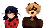  1boy 1girl adrien_agreste animal_ears bell black_hair blonde_hair blue_eyes bodysuit cat_ears ceejles chat_noir domino_mask eyes_visible_through_hair fake_animal_ears green_sclera hair_ribbon half-closed_eyes highres jingle_bell ladybug_(character) marinette_dupain-cheng mask miraculous_ladybug open_mouth polka_dot ribbon signature smile twintails yellow_eyes 