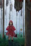  1girl absurdres arms_behind_back axe bare_tree big_bad_wolf_(grimm) black_eyes black_hair blood blood_drip blood_stain bloody_clothes blurry blush boots capelet claws death depth_of_field dress fog forest freckles grass hanged highres hood little_red_riding_hood little_red_riding_hood_(grimm) looking_at_viewer nature noose sidelocks sign sketch tomiya_(tomiya2117) tree warning_sign weapon white_dress 