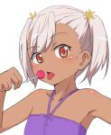  1girl alternate_hairstyle bubukka candy chloe_von_einzbern dark_skin fate/kaleid_liner_prisma_illya fate_(series) food lollipop looking_at_viewer open_mouth pink_hair red_eyes short_hair simple_background solo tongue tongue_out twintails upper_body white_background 