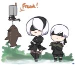  1boy 1girl blindfold chibi commentary crossed_arms fish fishing gloves hairband light_smile lightsource nier_(series) nier_automata pod_(nier_automata) short_hair signature white_hair yorha_no._2_type_b yorha_no._9_type_s 