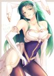  1girl animal_ears blush breasts bunnysuit cecilia_(fire_emblem) cleavage cowboy_shot elbow_gloves fake_animal_ears fire_emblem fire_emblem:_fuuin_no_tsurugi gloves green_eyes green_hair large_breasts long_hair naughty_face oka_(umanihiki) pantyhose rabbit_ears smile solo strapless white_gloves 