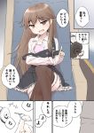  1girl arashio_(kantai_collection) black_dress brown_eyes brown_hair chair comic daihatsu_(landing_craft) dress dress_shirt highres kantai_collection long_hair looking_at_viewer off_shoulder open_clothes open_mouth open_shirt panties panty_pull pantyhose pantyhose_pull pin pinafore_dress pink_hair pink_panties shirt sitting smile solo strap_slip translation_request underwear wamu_(chartreuse) 