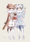  2girls black_hair blonde_hair book broccoli brown_coat brown_eyes brown_hair buttons coat collar commentary_request cookbook dish eurasian_eagle_owl_(kemono_friends) expressionless eyebrows_visible_through_hair eyelashes full_body fur-trimmed_sleeves fur_collar fur_trim gradient_legwear grey_background grey_coat grey_hair grey_legwear hair_between_eyes hand_up head_wings holding holding_book holding_spoon kemono_friends light_brown_eyes light_brown_hair long_sleeves looking_at_viewer looking_down mary_janes multicolored multicolored_clothes multicolored_coat multicolored_hair multicolored_legwear multiple_girls northern_white-faced_owl_(kemono_friends) open_book pantyhose pocket reading shinoasa shoes short_hair simple_background spoon spoon_in_mouth standing tail translated tsurime twitter_username two-tone_legwear white_coat white_footwear white_hair white_legwear white_shoes wings 