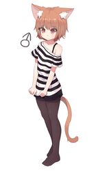  1boy animal_ears black_legwear blush brown_hair cat_ears cat_tail full_body highres male_focus mars_symbol no_shoes off_shoulder original pantyhose red_eyes shone short_hair short_shorts shorts simple_background sketch solo tail trap white_background 