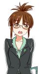  1girl akizuki_ritsuko antenna_hair bangs belt brown_eyes brown_hair clipboard collarbone folded_ponytail formal glasses idolmaster idolmaster_2 idolmaster_million_live! long_sleeves open_mouth pasukii solo suit 