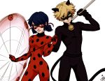 1boy 1girl adrien_agreste animal_ears bell black_bodysuit bodysuit breasts cat_ears cat_tail ceejles chat_noir claws contrapposto domino_mask fake_animal_ears fake_tail hair_ribbon highres jingle_bell ladybug_(character) lips marinette_dupain-cheng mask miraculous_ladybug polka_dot red_bodysuit ribbon signature small_breasts smile staff tail twintails 