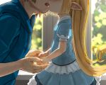  1boy 1girl blonde_hair blurry blurry_background blush charlotta_(granblue_fantasy) dress dwarf french_kiss granblue_fantasy hand_holding harbin hetero kiss long_hair pointy_ears size_difference walkalone 