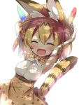  1girl ^_^ ^o^ animal_ears armpits arms_up bare_shoulders belt blonde_hair bow bowtie breasts closed_eyes commentary dappled_sunlight elbow_gloves fang feathers gloves hair_between_eyes hat hat_feather highres kemono_friends makuran medium_breasts open_mouth serval_(kemono_friends) serval_ears serval_print serval_tail shirt short_hair skirt sleeveless smile solo sunlight tail 