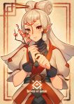 1girl branch breasts fingerless_gloves flower gloves hair_ornament highres long_hair looking_at_viewer parted_lips paya_(zelda) pink_hair pointy_ears puffy_short_sleeves puffy_sleeves red_eyes short_sleeves solo the_legend_of_zelda the_legend_of_zelda:_breath_of_the_wild tubumi white_hair 