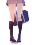  1girl bag black_legwear black_shoes brown_skirt caidychen close-up from_behind holding_bag kneehighs kneepits loafers lower_body original pleated_skirt school_bag school_uniform shoes simple_background skirt solo standing thighs white_background 