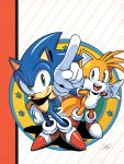  2boys animal blue_eyes derivative_work fox gloves green_eyes hand_on_hip hedgehog miles_prower multiple_boys no_humans official_art oldschool open_mouth pointing sega signature smile sonic sonic_team sonic_the_hedgehog star tyson_hesse white_gloves 