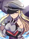  1girl anchor bare_shoulders bismarck_(kantai_collection) blonde_hair blue_eyes breasts brown_gloves detached_sleeves gloves hat kantai_collection large_breasts long_hair machinery military military_uniform peaked_cap primary_stage smile solo twitter_username uniform 