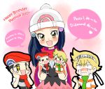  +_+ 1girl 2boys :3 :d beret birthday black_eyes black_hair black_shirt blonde_hair blush blush_stickers character_doll clenched_hand closed_mouth clothes_writing crying crying_with_eyes_open diamond diamond_(pokemon) english facing_viewer flat_chest green_scarf hachimaki hair_ornament hand_puppet hands_on_own_cheeks hands_on_own_face happy_birthday hat headband heart long_hair looking_at_viewer miniskirt multiple_boys namesake nose_blush open_mouth orange_eyes pearl pearl_(pokemon) pink_background pink_skirt platinum_berlitz pokemon pokemon_special popped_collar puppet red_hat red_scarf romaji scarf shirt short_hair short_sleeves skirt sleeveless sleeveless_shirt smile sparkling_eyes speech_bubble standing streaming_tears striped striped_shirt tears text translation_request tsurime wavy_mouth white_hat yatsuhashi_otogi 