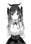  1girl animal_ears arms_behind_back bangs blouse cat_ears eyebrows_visible_through_hair greyscale high-waist_skirt long_hair looking_at_viewer mari_(rubymaririn) meme_attire monochrome original parted_lips simple_background skirt solo twintails upper_body virgin_killer_outfit white_background white_blouse 
