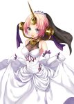 1girl bangs berserker_of_black blue_eyes blush bridal_veil dress elbow_gloves eyebrows_visible_through_hair fate/apocrypha fate_(series) gloves grey_background harimoji highres holding_dress holding_skirt horn looking_at_viewer open_mouth parted_bangs pink_hair short_hair simple_background solo veil wedding_dress white_dress white_gloves 