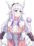  1girl arms_at_sides bangs blunt_bangs blush breasts capelet closed_mouth dragon_girl dragon_horns dragon_tail eyebrows_visible_through_hair fur_collar gradient_hair grey_background horns ice_(ice_aptx) kanna_kamui kobayashi-san_chi_no_maidragon large_breasts long_hair looking_to_the_side low_twintails multicolored_hair older purple_hair silver_hair simple_background solo tail twintails upper_body 